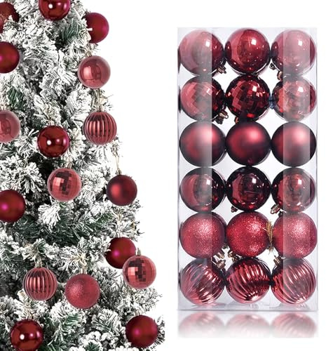 KASESSS 36 Piezas Rojas Bolas de Navidad, Navidad Decoracion, 3cm Adornos Arbol Navidads, 6 Tipos de Materiales de Superficie Bolas de Plástico con Cordón para Decoración Arbol Navidads Casa, Burdeos