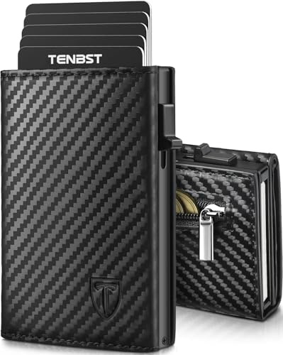 TENBST Geldbörse Herren mit Münzfach, Premium Portmonee Herren Klein 8-10 Karten, Geldbeutel RFID Schutz, Hochwertige Slim Wallet, Kohlefaserleder Kartenetui Karten Portemonnaie klein - Schwarz