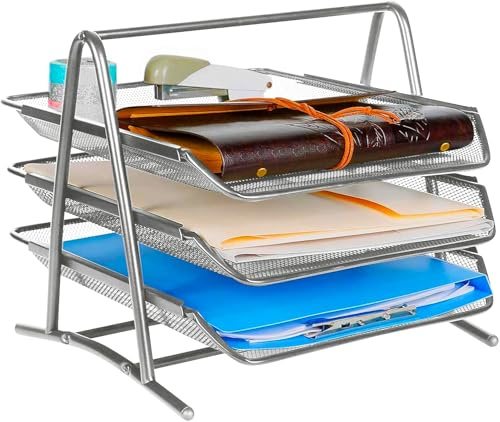 Organizador de Escritorio de Malla Metálica con 3 Bandejas, Soporte de Archivos para Documentos A4, Estante Apilable para Documentos y Papelería, Ideal para Oficina y Hogar, 3 Niveles, Plateado