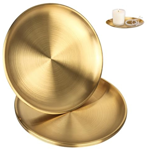 Whcctl 2 Pezzi 23cm Vassoio Rotondo, Piatti Decorativi in Acciaio, Piatti Oro, Vassoio Piccolo, per Casa, Cucina, Campeggio, Sala da Pranzo