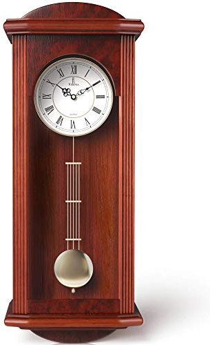 Pendulum Wall Clock, Silent Decorative Wood Clock with Swinging Pendulum, Battery Operated, Large Red Wooden Design, for Living Room, Kitchen, Office & Home Décor, 26.75 x 11.5 inches