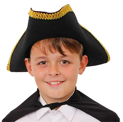 Cappello da tricorno per bambini, accessorio per travestimento. Cappello da capitano pirata per bambini, cappello da uomo in autostrada, nero con dettagli dorati. Dimensioni: 55 cm, confezione da 12