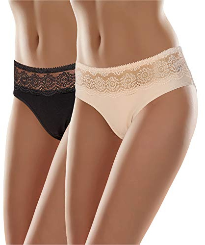 Merry Style Culotte Eleganti Mutande Donna Cotone comode Slip Donna Cotone Hipster Traspiranti Elasticizzate in Pizzo Intimo Femminile Quotidiano MSGAB21 (Nero/Beige (2Pack), S)