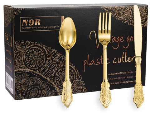 N9R 300pcs Gold Plastic Silverware Dinnerware Flatware- Heavyweight Plastic Cutlery Set, 100 Forks, 100 Spoons, 100 Knives, Gold Utensils for Party, Thanksgiving, Christmas