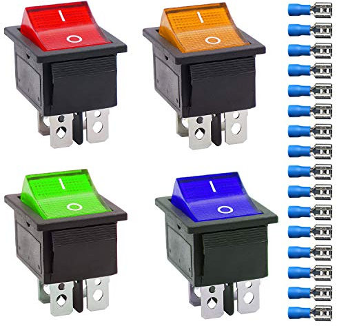Gebildet 4Pcs Interruptor Basculante Luz Iluminado Rojo/Azul/Amarillo/Verde Boton Interruptor Rocker KCD4, 4Pines DPST Interruptores Basculantes con 16Pcs Terminal 16A/250V 20A/125V