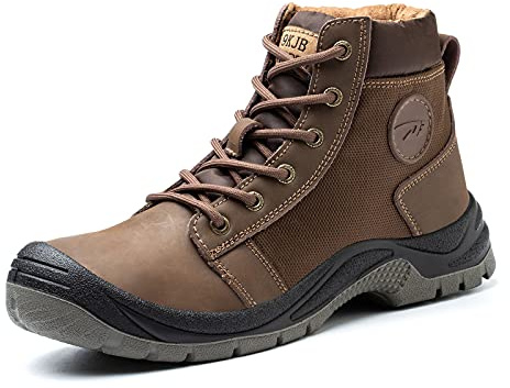 NBUUNBU Steel Toe Work Boots for Men Safety Work Shoes Slip Resistant Abrasion Resistance Leather Insulated Indestructible Boots Breathable Construction Footwear Brown