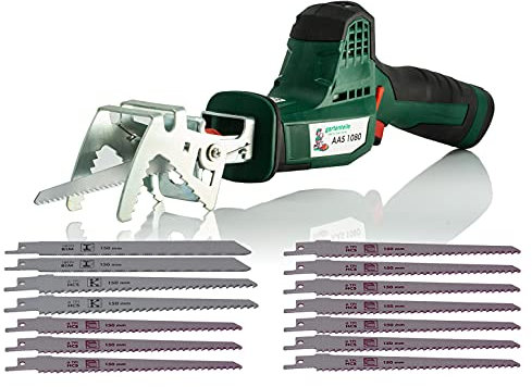 Scie d'élagage sans fil (batterie 10,8 V 2,0 Ah, longueur coupe 80mm course 20mm, mandrin à serrage rapide, réglage de la vitesse levage variable, batterie incluse chargeur 10 lames pour bois)