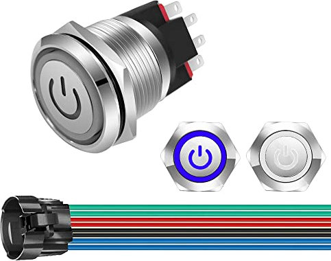 GUUZI 220V-230V/10A 22mm Interruptor de Botón de Enclavamiento NO/NC Impermeable Azul/Blanco Luz LED Iluminada Botón de Encendido de Metal Botón de Encendido con Cable de Enchufe
