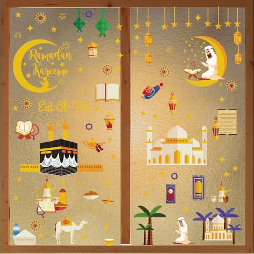 Leonshco 196 ark Ramadan fönsterbilder, självhäftande ramadan-klistermärken PVC stjärna måne fönster dekoration, Eid Mubarak dekoration fönsterklistermärken, ramadan-dekoration för barnrum, vardagsrum