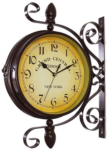 Uposao Zweiseitige Bahnhofsuhr,Doppelseitige Wanduhr Retro Wanduhr Vintage Halterung Hängende Dekoruhr Wanduhr Mit Halterung Für Drinnen Und Draußen,Haus,Garten,Küche,Hof,Wohnzimmer 25CM