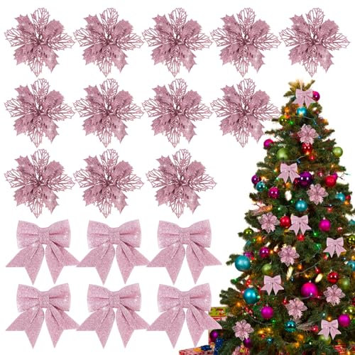 BOFUNX 12pcs Fleurs de Poinsettia 16cm Scintillantes Artificielles Fleurs Rose de Noël à Paillettes +6pcs Nœuds Papillon Rose pour Sapin Decoration Ornements Noël