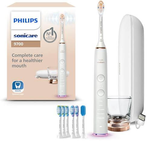 Philips Sonicare DiamondClean Smart 9700 Electric Toothbrush, Sonic Toothbrush with App, Pressure Sensor, Brush Head Detection, 5 Brushing Modes and 3 Intensity Levels, Rosegold, HX9957/81