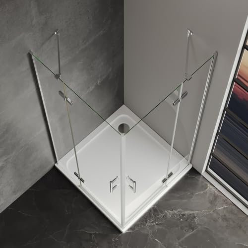 IMPTS Duschkabine 90x90 CM Eckeinstieg Falttür Duschtüren mit Diagonalen Sicherheitsstange Eckig Dusche Duschwand Duschabtrennung mit 6mm ESG Glas Doppel Falttüren, Höhe 195cm