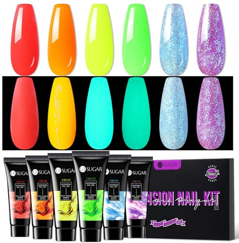 UR SUGAR Kit Poly Extensión Gel de Uñas 6 Colores 15ML Fluorescente Neon Glitter Incluye Uñas Constructor U V/LED y Accesorios de Manicura de Arte