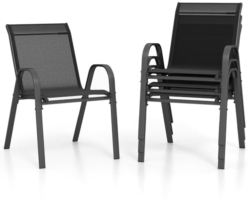 GOPLUS Juego de 2/4 Sillas de Jardín Apilables, Cómodo Sillón de Terraza con Apoyabrazos Respaldos, de Metal y Textil, Silla de Jardín Exterior e Interior (56 x 70 x 84 cm, Negro, 4)