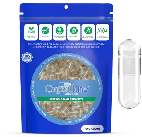 Capsuline - Capsule vuote vegane misura 00 (1000 pezzi) – capsule vuote da riempire – realizzate in fibra di pino HPMC – certificate non OGM, Kosher e Halal