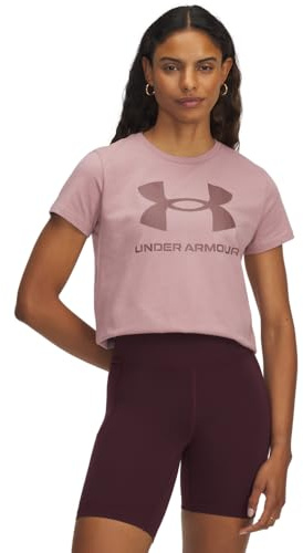 Under Armour Logo Manches Courtes Femmes, T-Shirt Femme Manches Courtes Respirant et au séchage Rapide, T-Shirt Logo Confortable, Tourmaline Pink / / Maroon Mist, SM