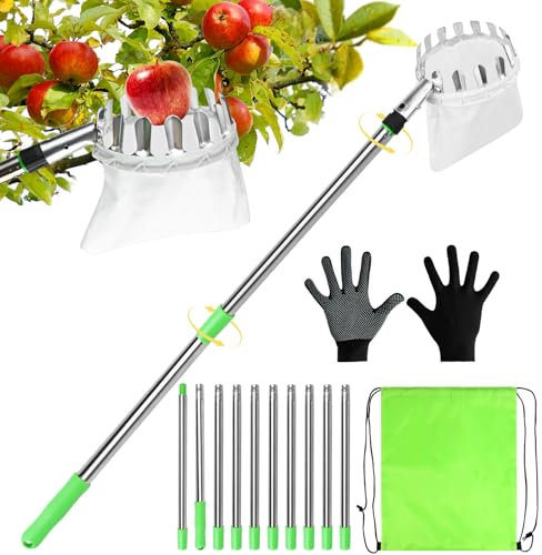 4m Recogedor de Frutas con Telescópico, Recogedor de Frutas Diámetro 16 cm Recogedor de Manzanas con Pértiga Telescópica Ligera de Acero Inoxidable y Bolsa de Algodón para Manzanas Cítricos