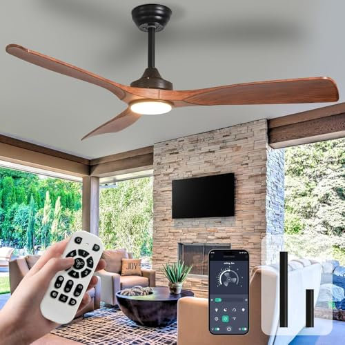 Depuley Ventilateur de plafond silencieux avec éclairage pour l'extérieur : Lampe LED avec ventilateur pour le jardin - 132CM Grand ventilateur de plafond avec lumière et APP pour le salon, brun