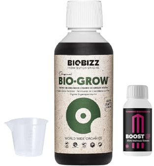GROWMANIA Pack Bio Grow de BioBizz 250 ml + échantillon Boost Up Nutrients + Verre doseur | Biogrow engrais organique pour la croissance végétale | Idéal pour tous types de substrats