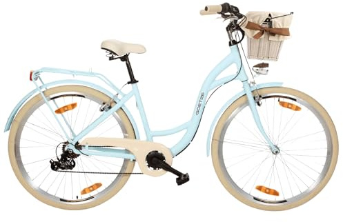 Goetze Mood 28 Zoll Damen Citybike, Aluminium Tiefeinsteiger 18 Zoll, Shimano Tourney 7-Gang Schaltung, LED-Beleuchtung, Rattankorb, Gepäckträger, Komfortsattel
