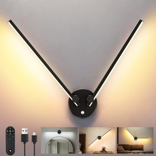 Glowlit Battery Operated Wall Lights 6000 mAh Wireless Wall Lights for Bedroom, Living Room, 300° Rotation Dimmable Wall Lamp with Remote, 3 Colors LED Wall Sconce (Black)