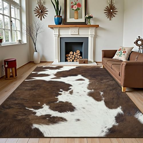 Foxmas Cow Print Rugs for Living Room Bedroom, 5x7 Washable Non-Slip Low Pile Indoor Floor Rug, Carpet for Dining Room Kitchen Office Western Home Decor, Brown