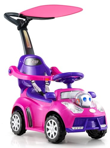 DREAMADE Porteur Enfant, Voiture à Pousser 3 en 1 avec Toit Réglable, Poignée, Garde-Corps, Voiture Coulissante pour Garçons et Filles 1+ Ans (Rose)