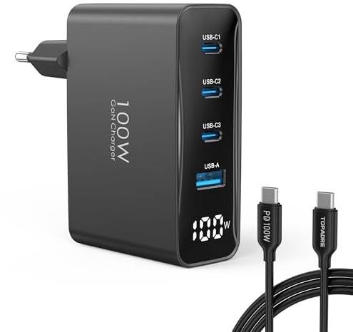TOPADRE 100W USB C Ladegerät, 4 Port USB C Power Adapter mit 1 Lade-Kabel 2M 100W & LED-Display, PD GaN Schnellladegerät für MacBook Pro, iPhone 17 16 15 Pro Max iPad, Laptop, Galaxy S25/S24, Schwarz.