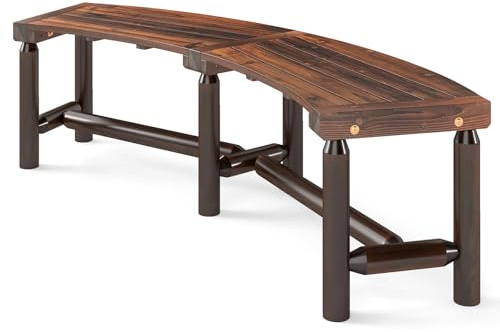 GOPLUS Banco Curvo para Exterior, Banco de Comedor de Madera Carbonizada para 2-3 Personas con Asiento de Listones, Capacidad de Carga de 360 kg, sin Respaldo para Fogatas en Jardín (Marrón Rústico)