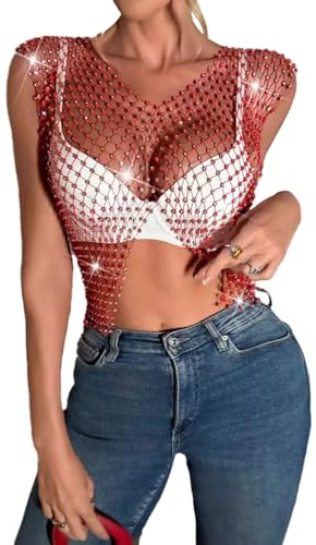 AMateschitz Fishnet Débardeur sexy pour femme en résille de pêche avec strass Hollow Out Crop Rave Haut en maille transparente