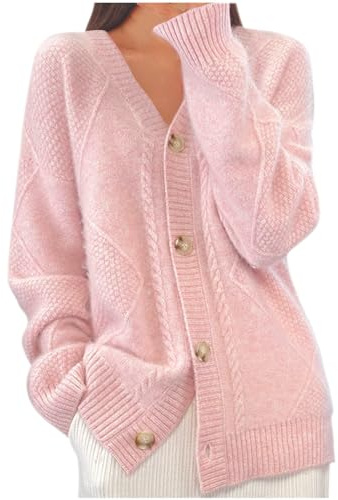 AnnSemo Women's Cotton Cardigans Soft Cosy Button Down V Neck Cardigans for Women UK Long Sleeve Casual Knitted Sweater Ladies Long Sleeve Jumper Plain Outerwear Pink