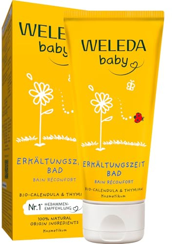 WELEDA Bio Baby Calendula Erkältungszeit Bad – Naturkosmetik Erkältungsbad mit Thymian, Latschenkiefer & Lavendel wirkt durchwärmend – Natürlicher Erkältung Badezusatz für Baby & Kind (vegan, 75ml)