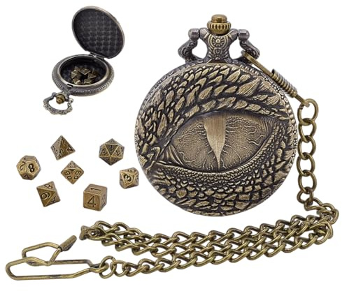 PH PandaHall Ensemble de Dés DND Boîtier de Montre Eyes 7pcs Mini Dé en Métal avec Chaîne de Montre de Poche pour Donjons et Dragons Accessoires de Jeux de Société Jeux de Rôle Cadeau, Bronze Antique