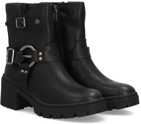 97579 Botin de mujer estilo biker con cana media y cierre lateral de cremallera. Doble hebilla decorativa con aros metalicos. Suela gruesa con tacon ancho. Ideal otono invierno. Negro Talla 39