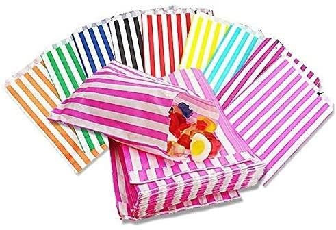 100 Mixed/Assorted Colours 5 x 7 Striped Candy Sweet Paper Bags | Wedding Buffet Favour Cake Gift Pick n Mix Shop | Premium Quality UK Made