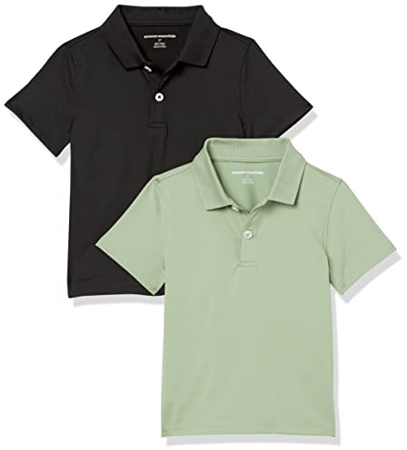 Amazon Essentials Boys' Short-Sleeve Performance Polo Shirts, Breathable School Uniform, Collared, Pack of 2, 2-pack Black/Olive, Large