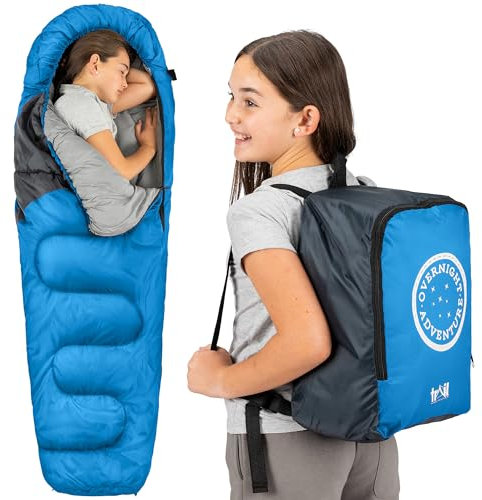 Trail Schlafsack Kinder Mumienschlafsack als Schlafsack 3 Jahreszeiten für Camping – 300gsm – für Jungen und Mädchen – mit Leichtem Transportrucksack - Blau