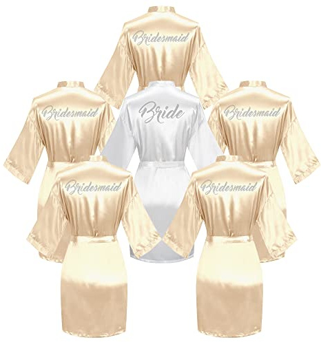 Valennia Lot de 6 peignoirs de bain pour mariée et demoiselle d'honneur avec strass, Ensemble de mariée champagne, Taille unique