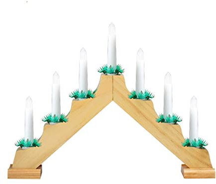 Traditional Christmas Candle Bridge Arch Wooden 7 LED Pre Lit Xmas Window Home Festive Decoration Battery Operated Advent Light With Timer (Beige)