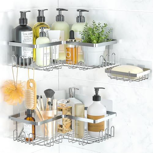 PNNP Mensola Doccia Angolare Senza Foratura, 3 Pezzi Portaoggetti Doccia con Porta Sapone per Doccia, portasapone doccia Acciaio Inox, Organizer Doccia per Shampoo Sapone Bagnoschiuma (Argento)