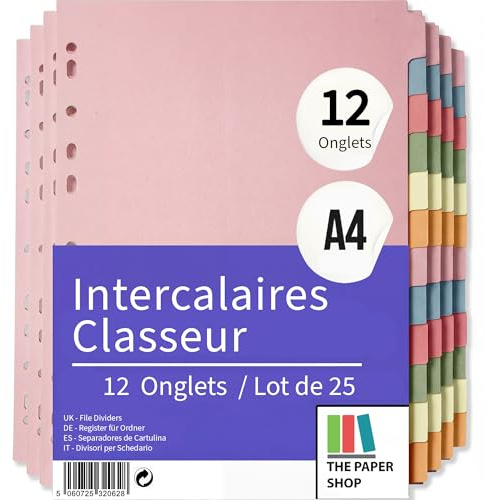 File Dividers A4, 12 Part Folder Dividers for Ring Binders & Lever Arch Files (25 Pack) Binder and Subject Dividers with Writeable Coloured Index Tabs - The Paper Shop