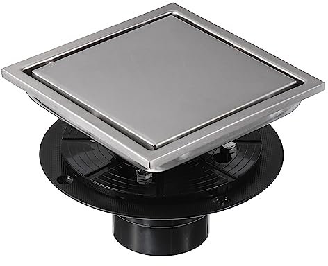 sourcing map 6 Inch Square Shower Floor Drain, 304 Stainless Steel Reversible Floor Drain with Flange for Bathrooms, Kitchens, Garages, Showers Sinks, Brushed Silver