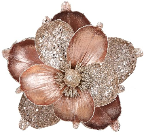 GL-Turelifes Fiori di magnolia artificiali, grandi, glitterati, 25,4 cm, 6 pezzi, pieghevoli, per decorazioni per albero di Natale, Capodanno, feste di matrimonio, centrotavola (oro rosa)