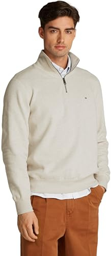 Tommy Hilfiger Uomo Felpa con Cerniera Essential Fleece 1/4 Zip Colletto Troyer, Beige (Heathered Oatmilk), L