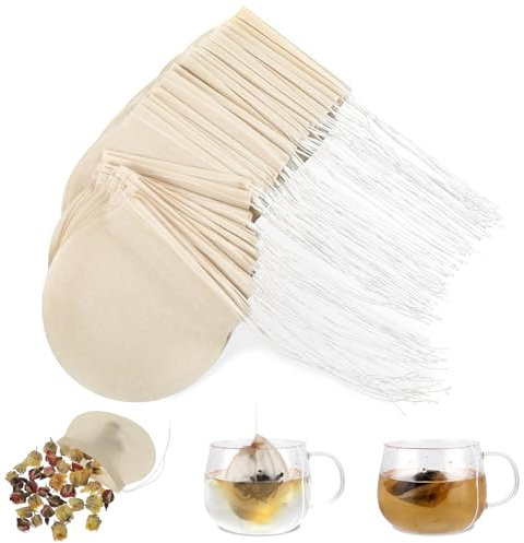 Giantree Lot de 100 sachets de thé vides jetables pour thé en vrac, filtre rond avec cordon de serrage pour épices, café, soupes (couleur naturelle)