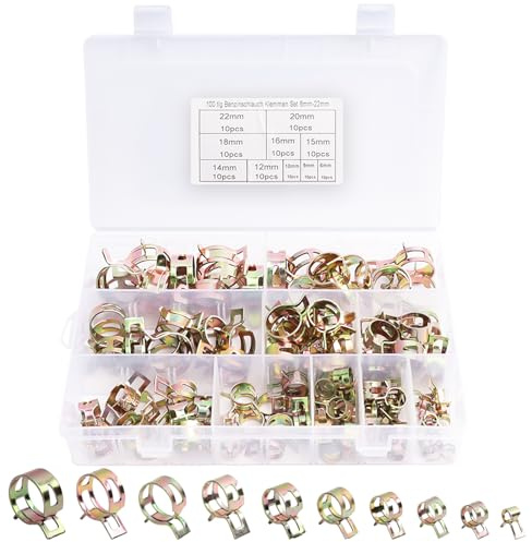 AMZSKU 100 Stück 6/9/10/12/14/15/16/18/20/22 mm Kraftstoffleitung Schlauchschellen, Schlauch Federklemme, Benzinschlauch Schellen, Wasserrohr Luftschlauch Silikon Vakuum Schlauchschelle
