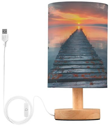SKYSHU Lampada da comodino con sentiero sul mare, piccola lampada da scrivania a LED, lampada USB con base in legno antiscivolo e paralume per soggiorno, camera da letto, dormitorio, casa, ufficio,