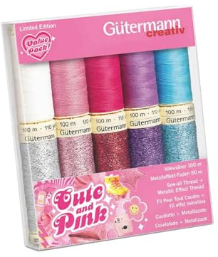 Gütermann Creativ Cute and Pink Set de Hilos de Coser - Carretes de Hilos Universales y Metálicos para Proyectos de Costura, Poliéster, 10 Bobinas - 1 Set