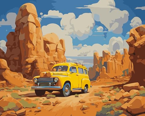 YEESAM ART Paint by Numbers for Adults Beginners Canyon Yellow Car 16x20 inch Linen Canvas Acrylic Without Frame, DIY Number Painting Kits Wall Art Decor Gifts
